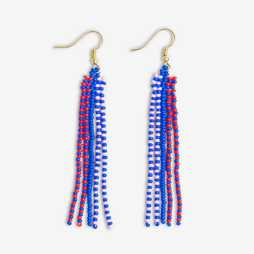 Load image into Gallery viewer, Melissa Speckled Border With Solid Middle Beaded Fringe Earrings Royal Blue
