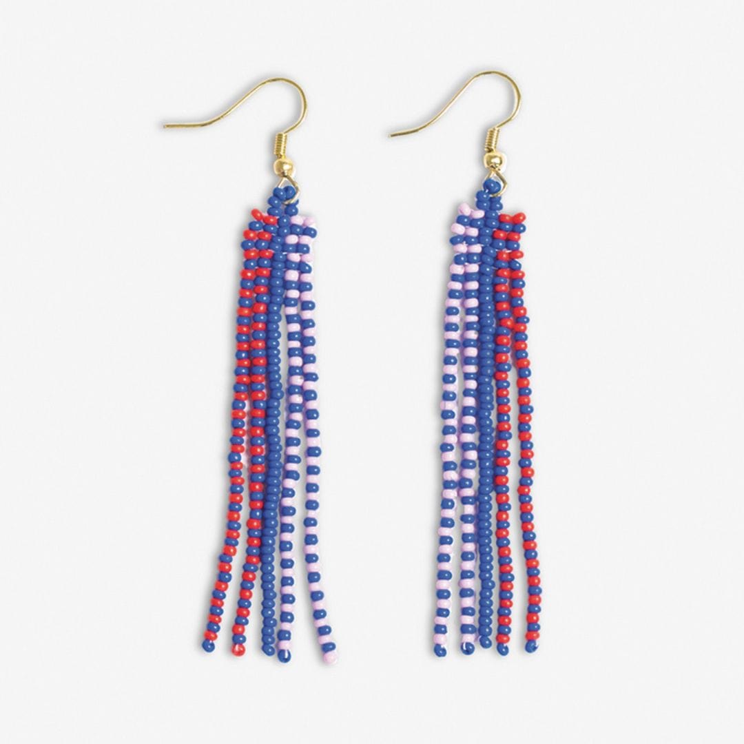 Melissa Speckled Border With Solid Middle Beaded Fringe Earrings Royal Blue Fringe Earrings