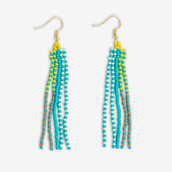 Load image into Gallery viewer, Melissa Speckled Border With Solid Middle Beaded Fringe Earrings Turquoise
