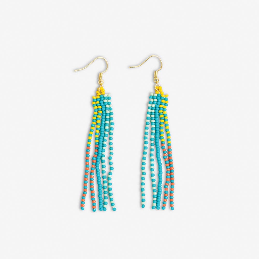 Melissa Speckled Border With Solid Middle Beaded Fringe Earrings Turquoise