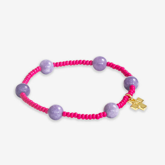Mia Small Seed Bead With Round Stones Stretch Bracelet Hot Pink/Lilac