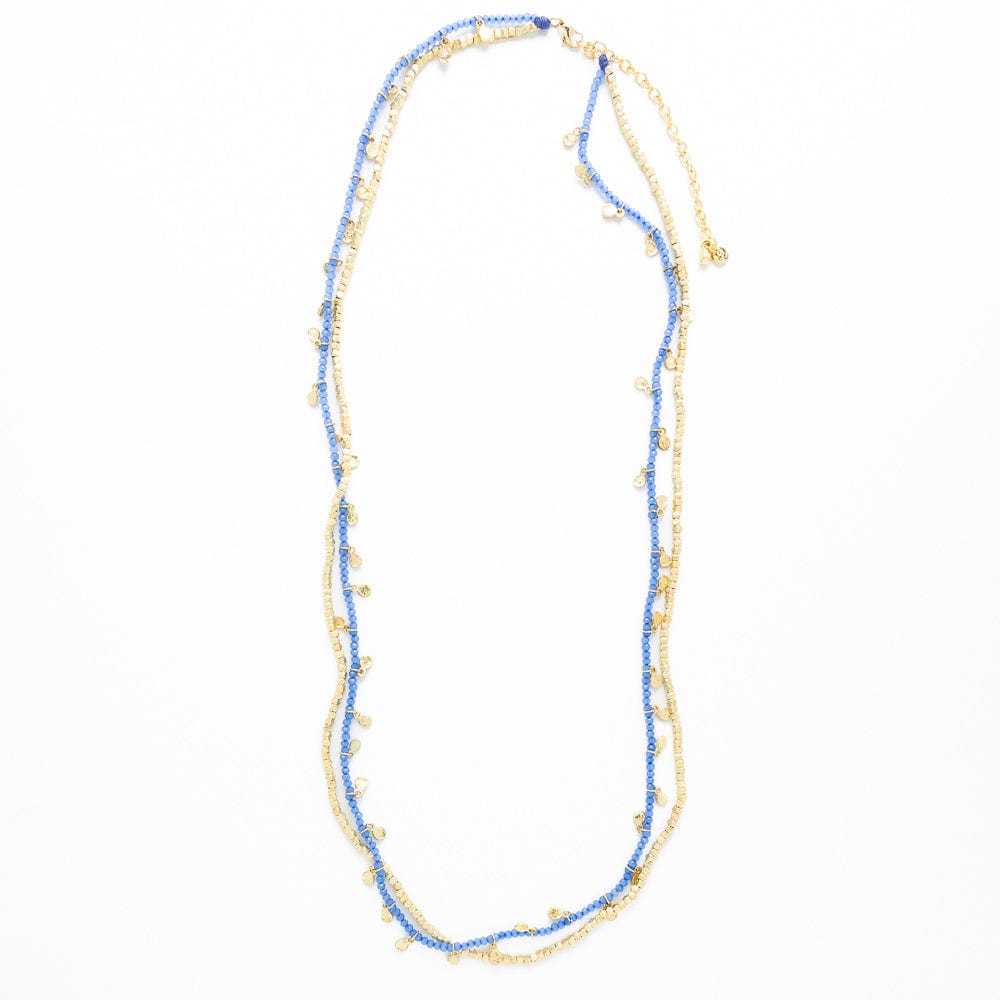 Milly Double Strand Crystal Necklace Brass + Blue Multi Layered