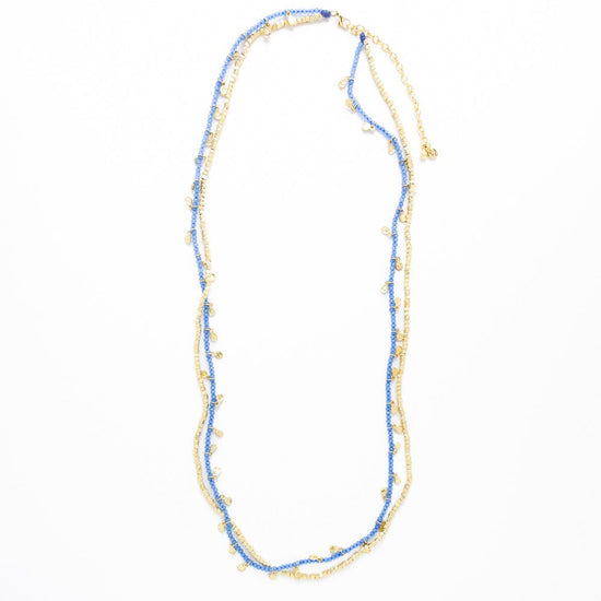 Milly Double Strand Crystal Necklace Brass + Blue Multi Layered