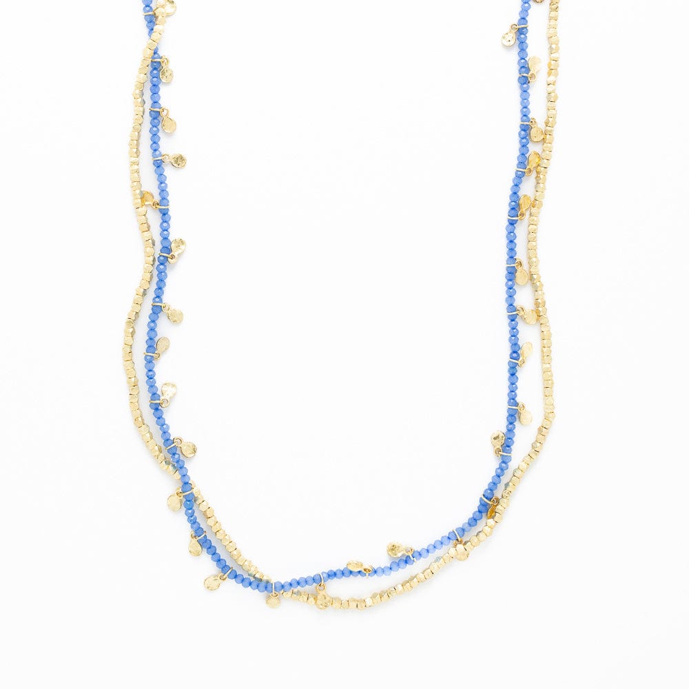 Milly Double Strand Crystal Necklace Brass + Blue Multi Layered