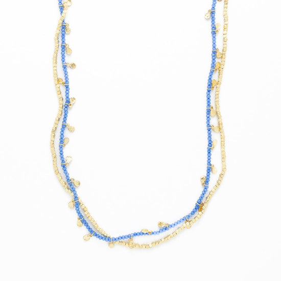 Milly Double Strand Crystal Necklace Brass + Blue Multi Layered