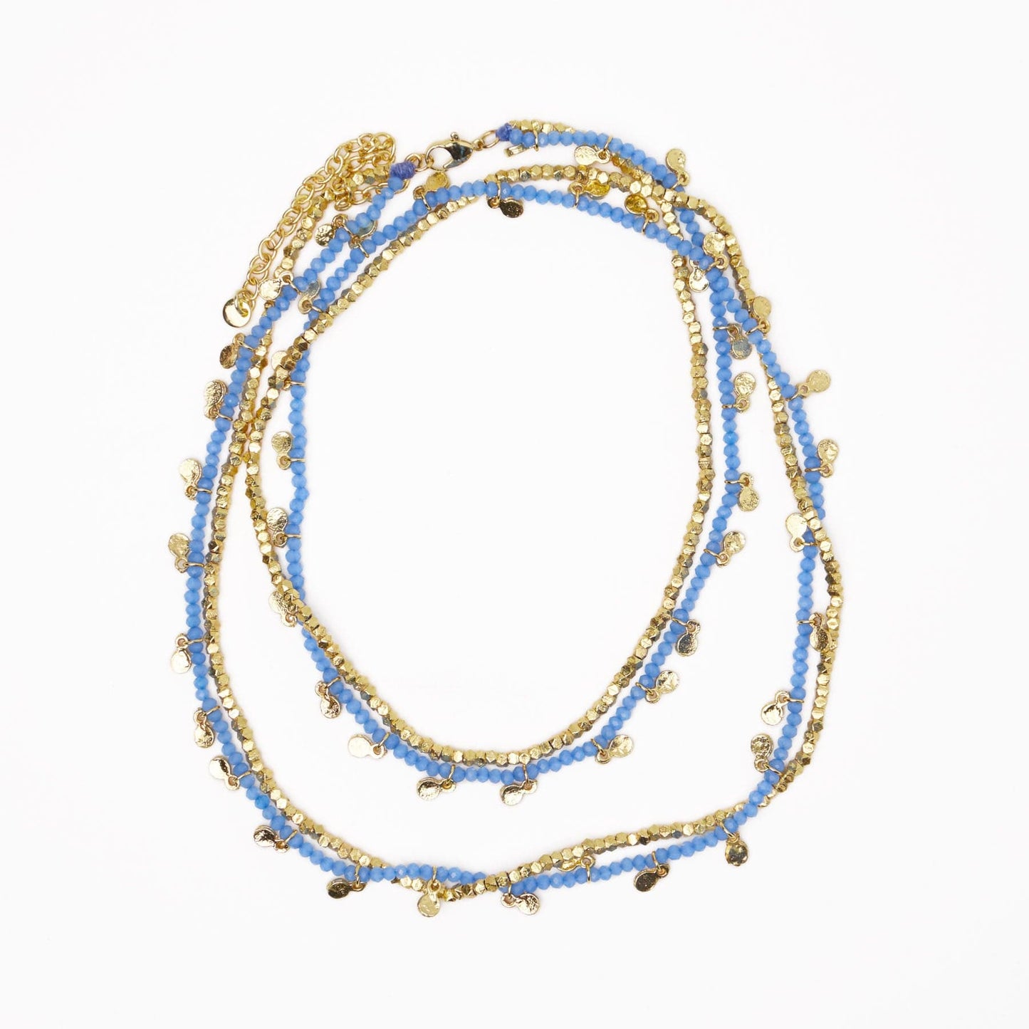 Milly Double Strand Crystal Necklace Brass + Blue Multi Layered