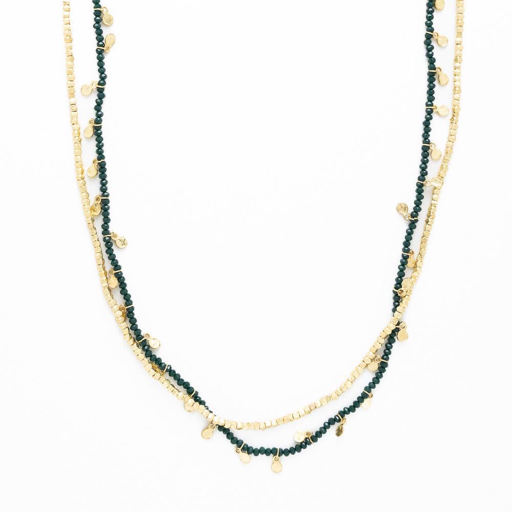 Milly Double Strand Crystal Necklace Brass + Green Multi Layered