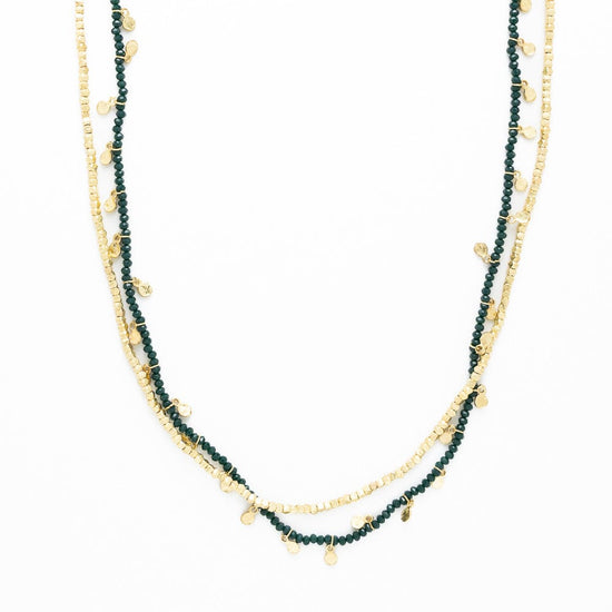Milly Double Strand Crystal Necklace Brass + Green Multi Layered