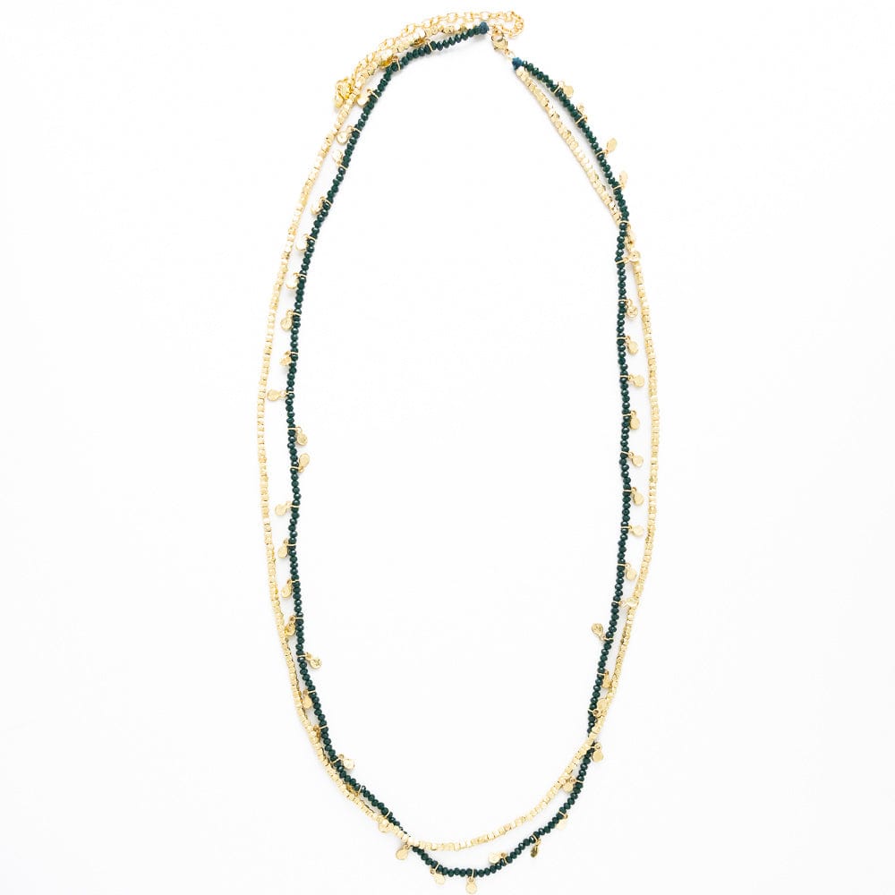 Milly Double Strand Crystal Necklace Brass + Green Multi Layered