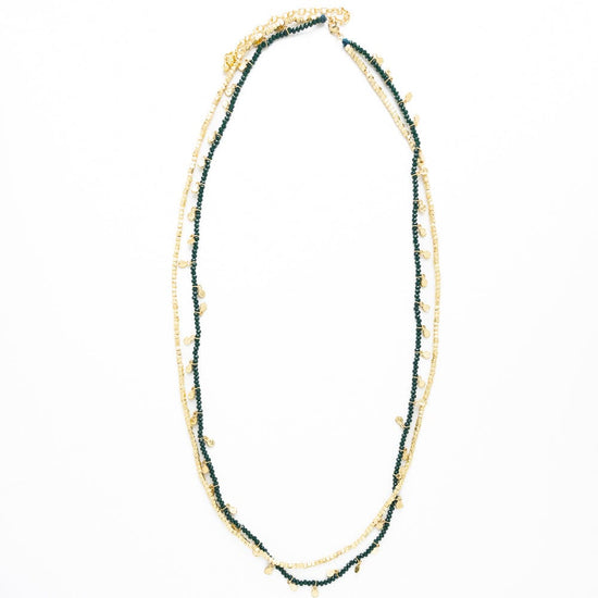Milly Double Strand Crystal Necklace Brass + Green Multi Layered