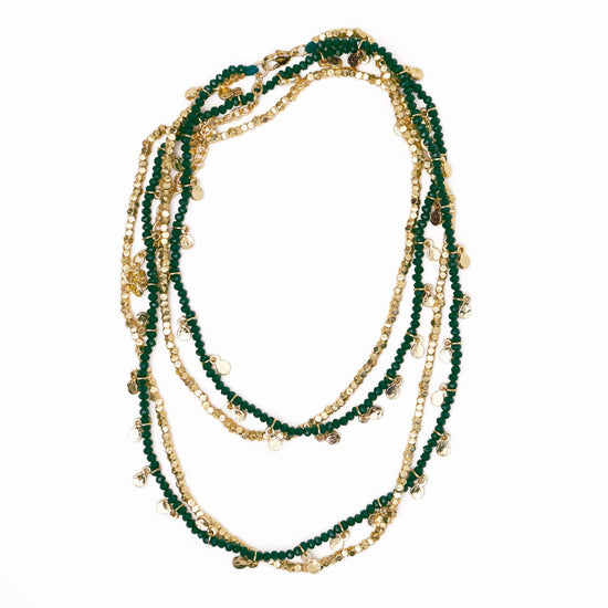 Milly Double Strand Crystal Necklace Brass + Green Multi Layered
