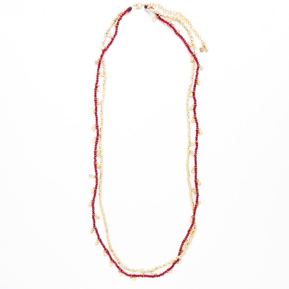 Milly Double Strand Crystal Necklace Brass + Red Multi Layered