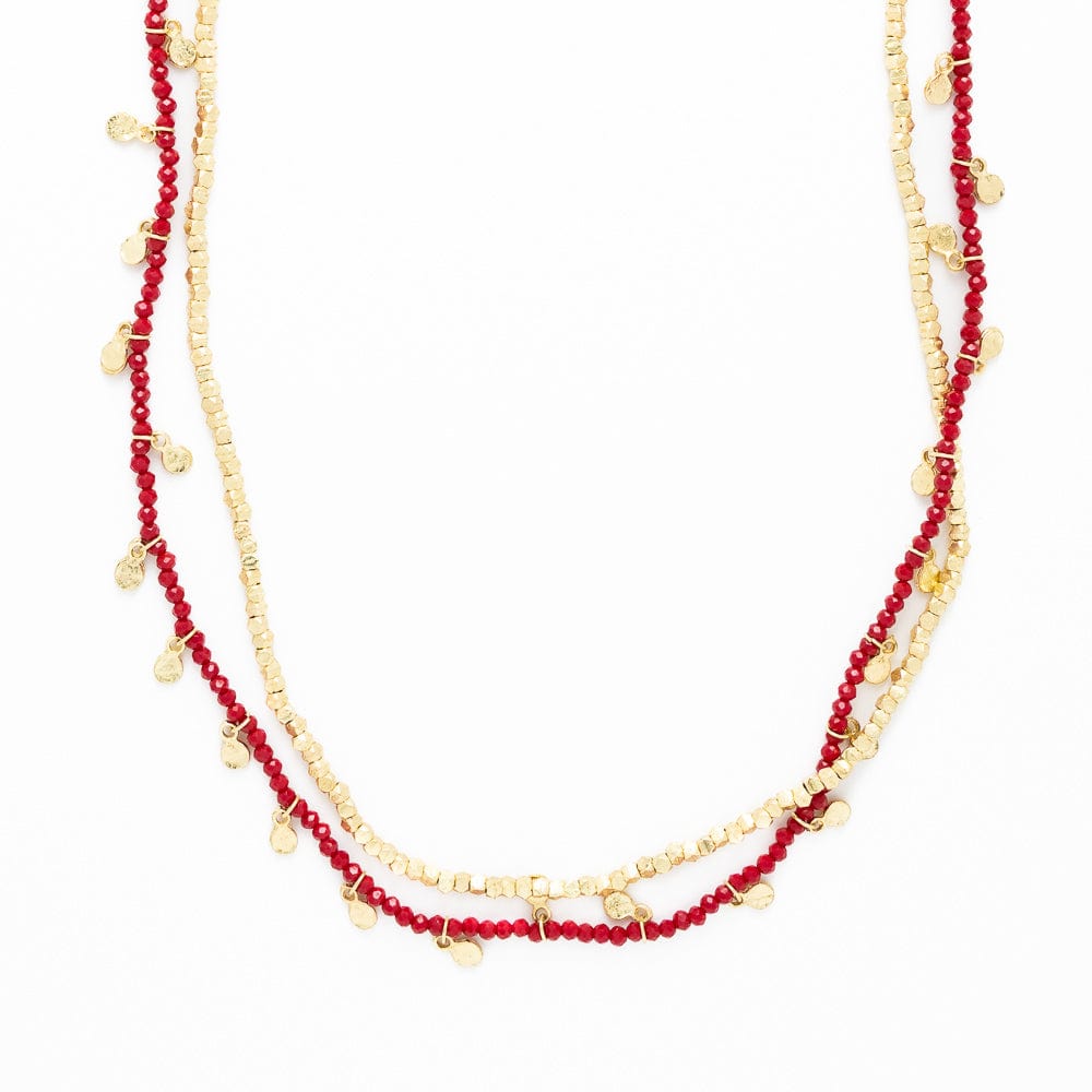 Milly Double Strand Crystal Necklace Brass + Red Multi Layered