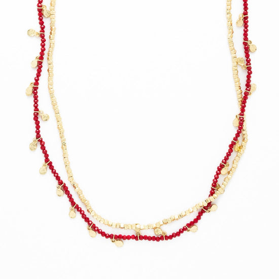 Milly Double Strand Crystal Necklace Brass + Red Multi Layered