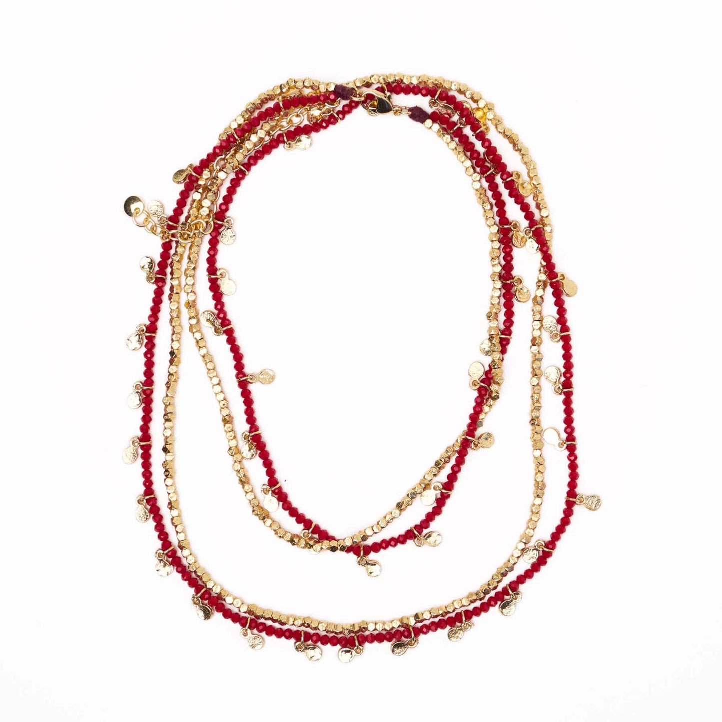 Milly Double Strand Crystal Necklace Brass + Red Multi Layered