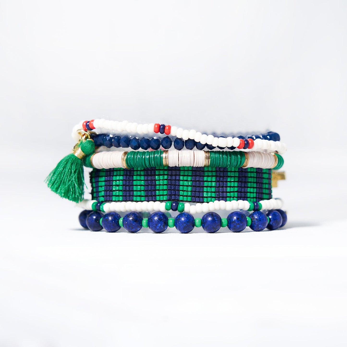 Mixed bracelet stack of 6 Navy and Kelly Green