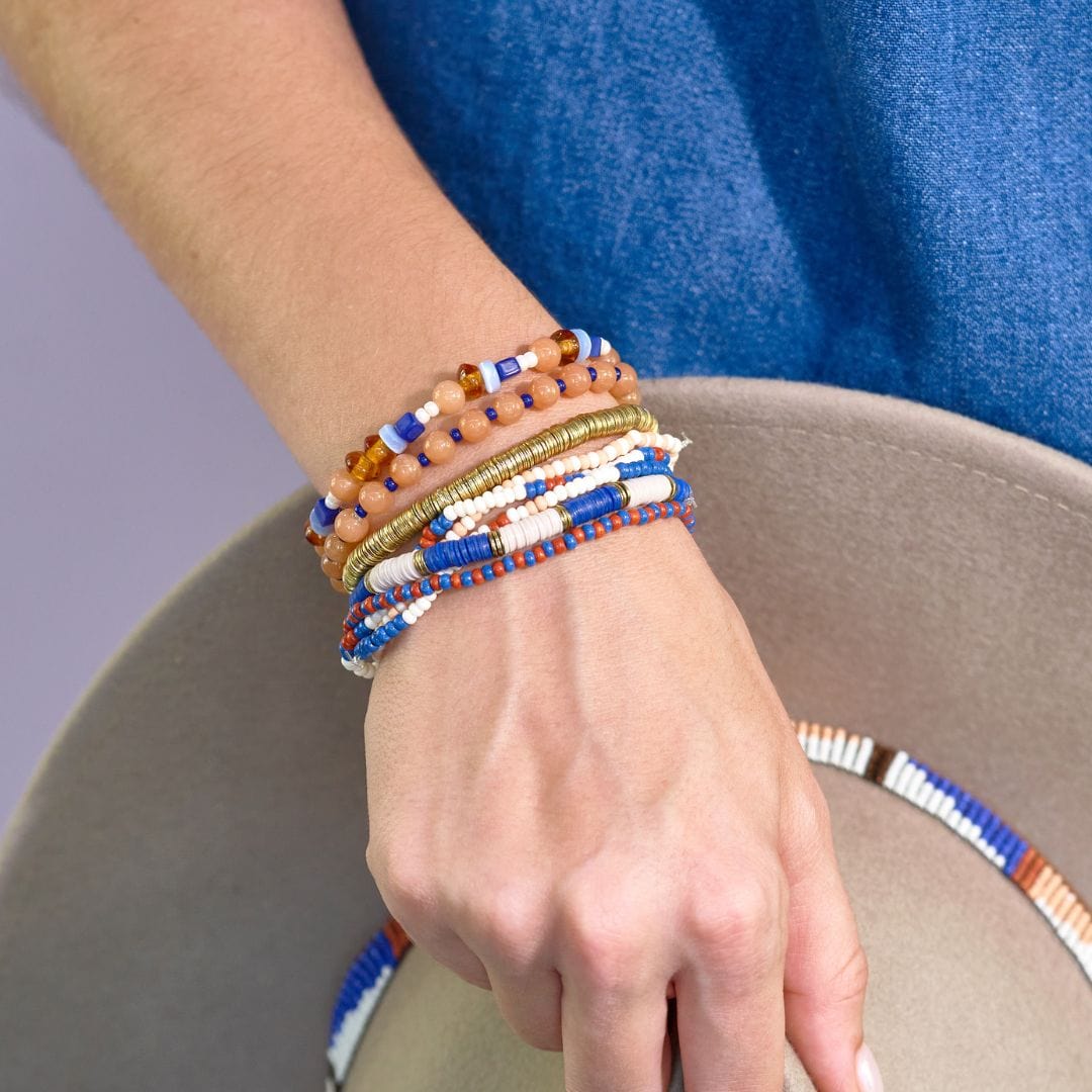 Mixed Bracelet Stack of 8 Blue and Peach