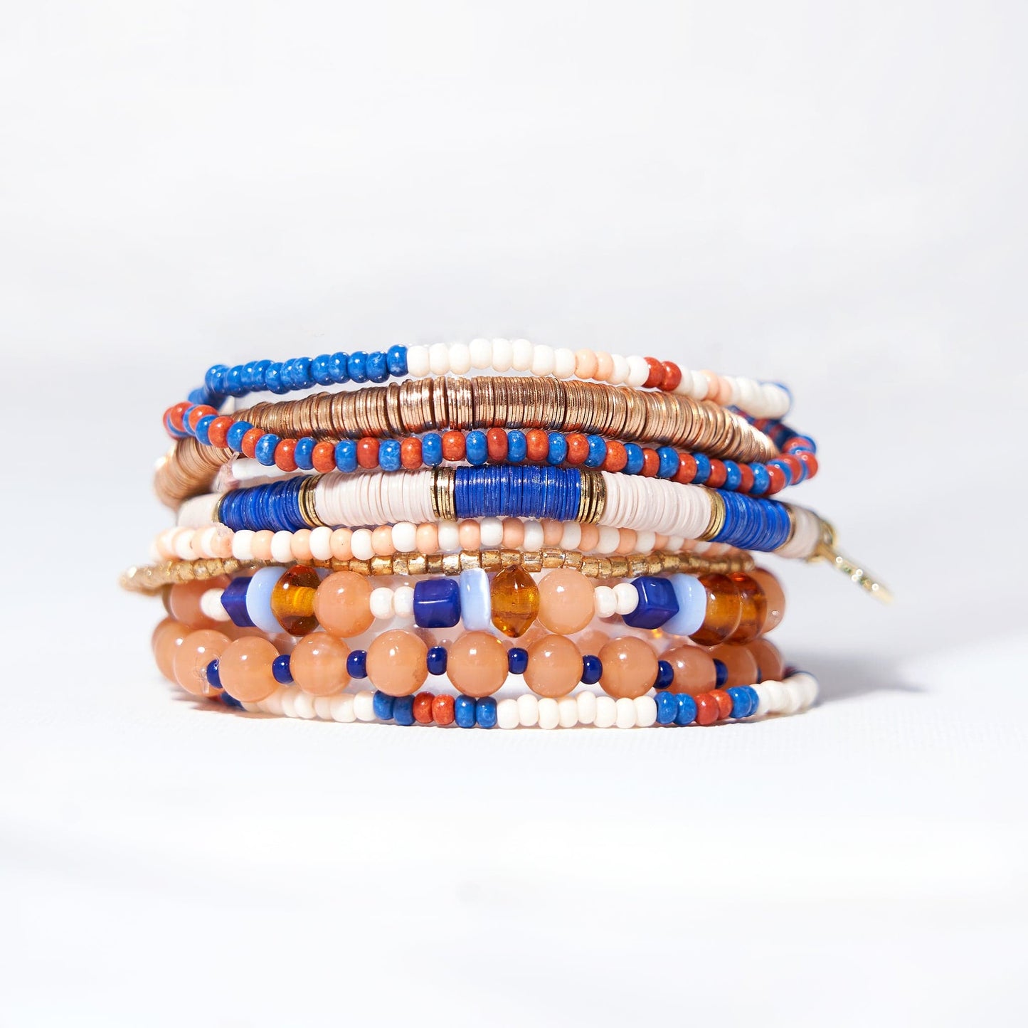 Mixed bracelet stack of 9 Blue and Peach