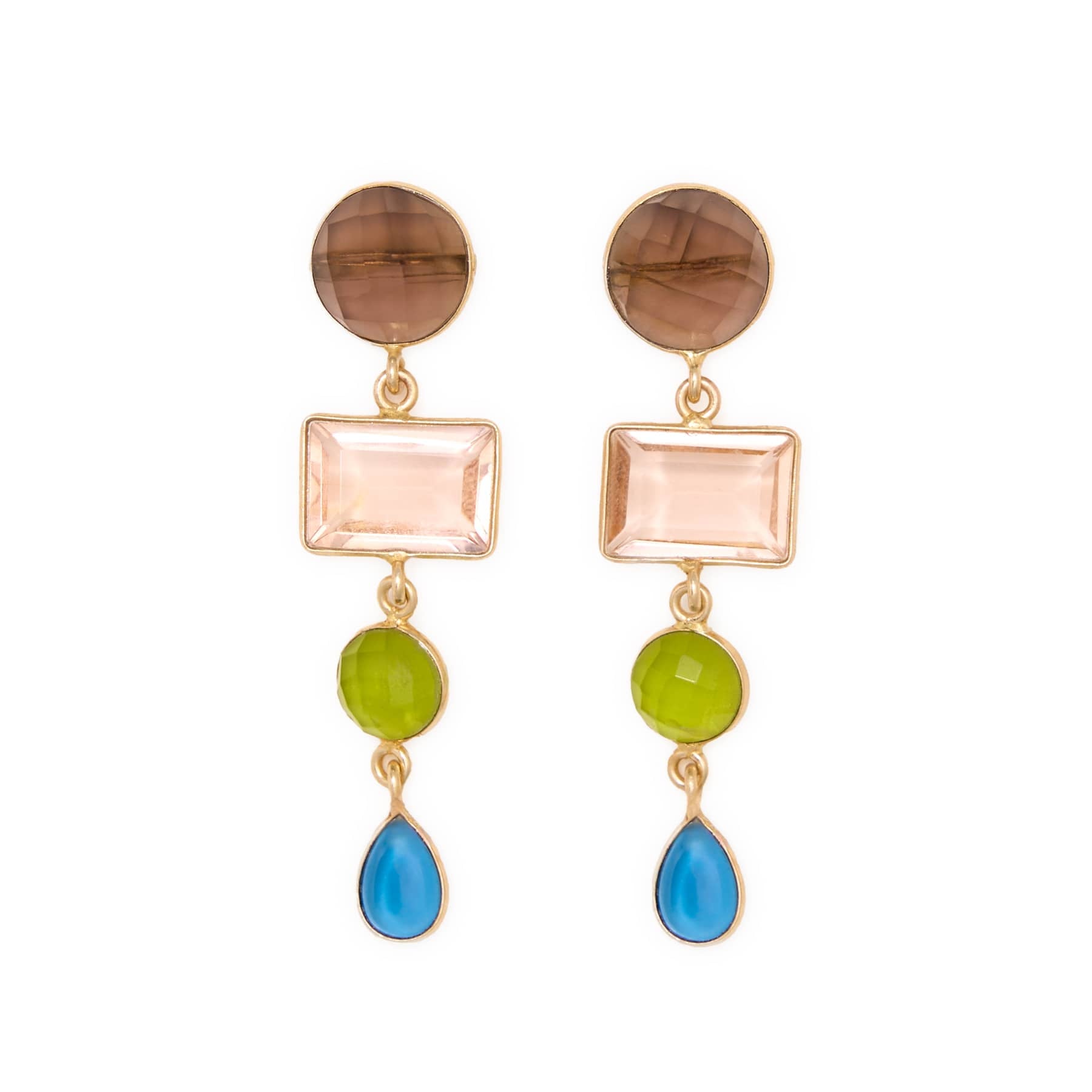 Natalie Dangle Glass + Smoky Quartz Stone Earrings Brass Dangle