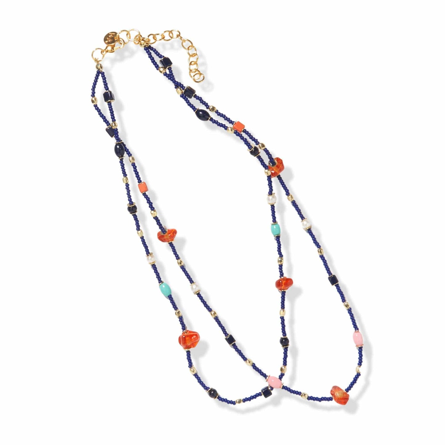 Navy Double Strand Mix Bead Necklace With Extension Necklace