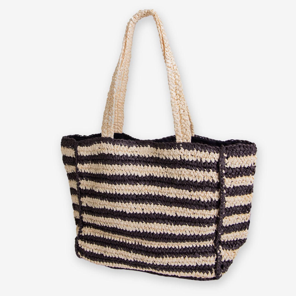 Nellie Large Striped Raffia Tote Black/Ivory