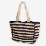 Nellie Large Striped Raffia Tote Black/Ivory