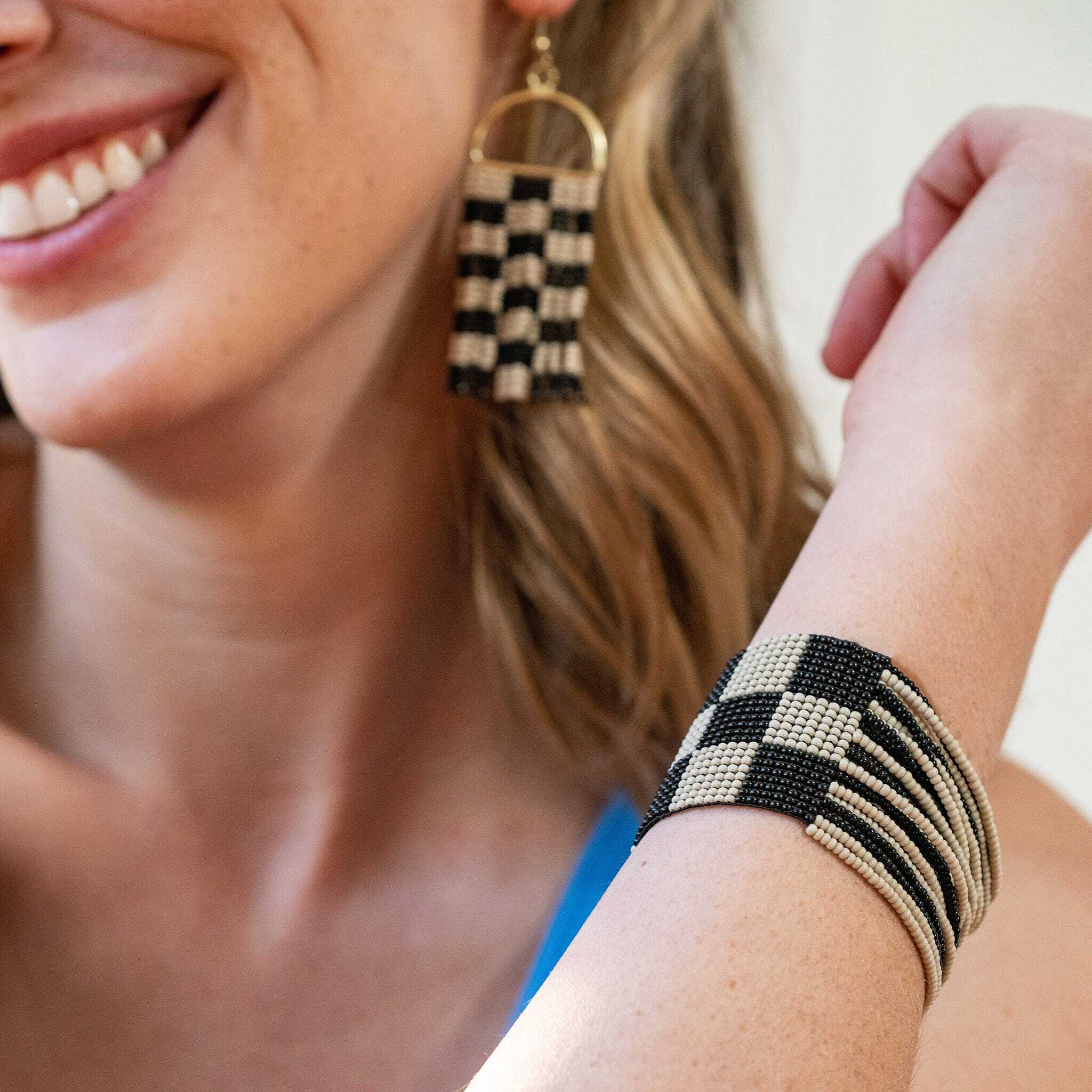 Olive Checkered Beaded Stretch Bracelet Black Bracelet