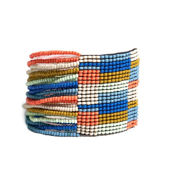 Olive Checkered Stripe Beaded Stretch Bracelet Coastal Bracelet