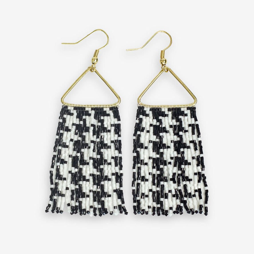 Paige Game Day Houndstooth Beaded Fringe Earrings Black and White