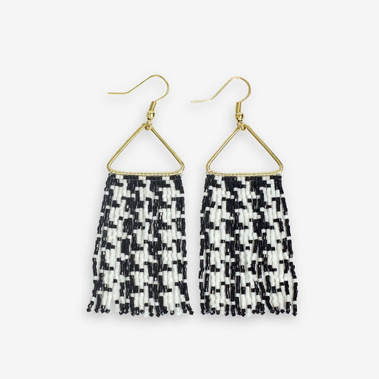 Paige Game Day Houndstooth Beaded Fringe Earrings Black and White