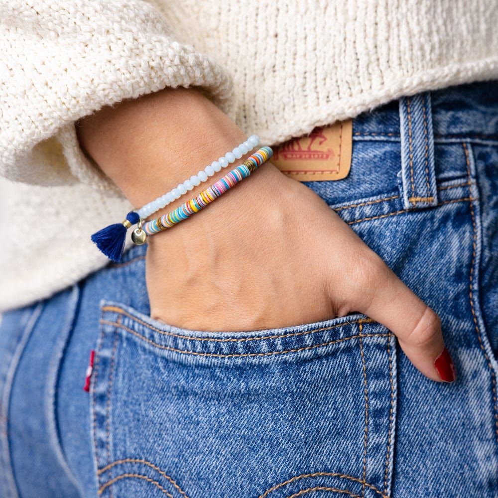 Patsy Solid Crystal Stretch Bracelet With Tassel Light Blue Stretch