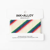 Penelope Stripe Diagonal Seed Bead Bracelet Ivory Navy Green Red Stretch