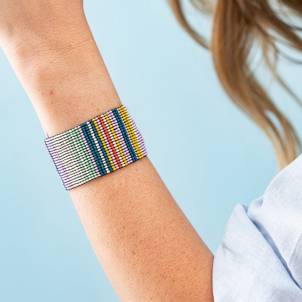 Penelope Stripe Vertical Seed Bead Bracelet Lilac Green Lemon Stretch