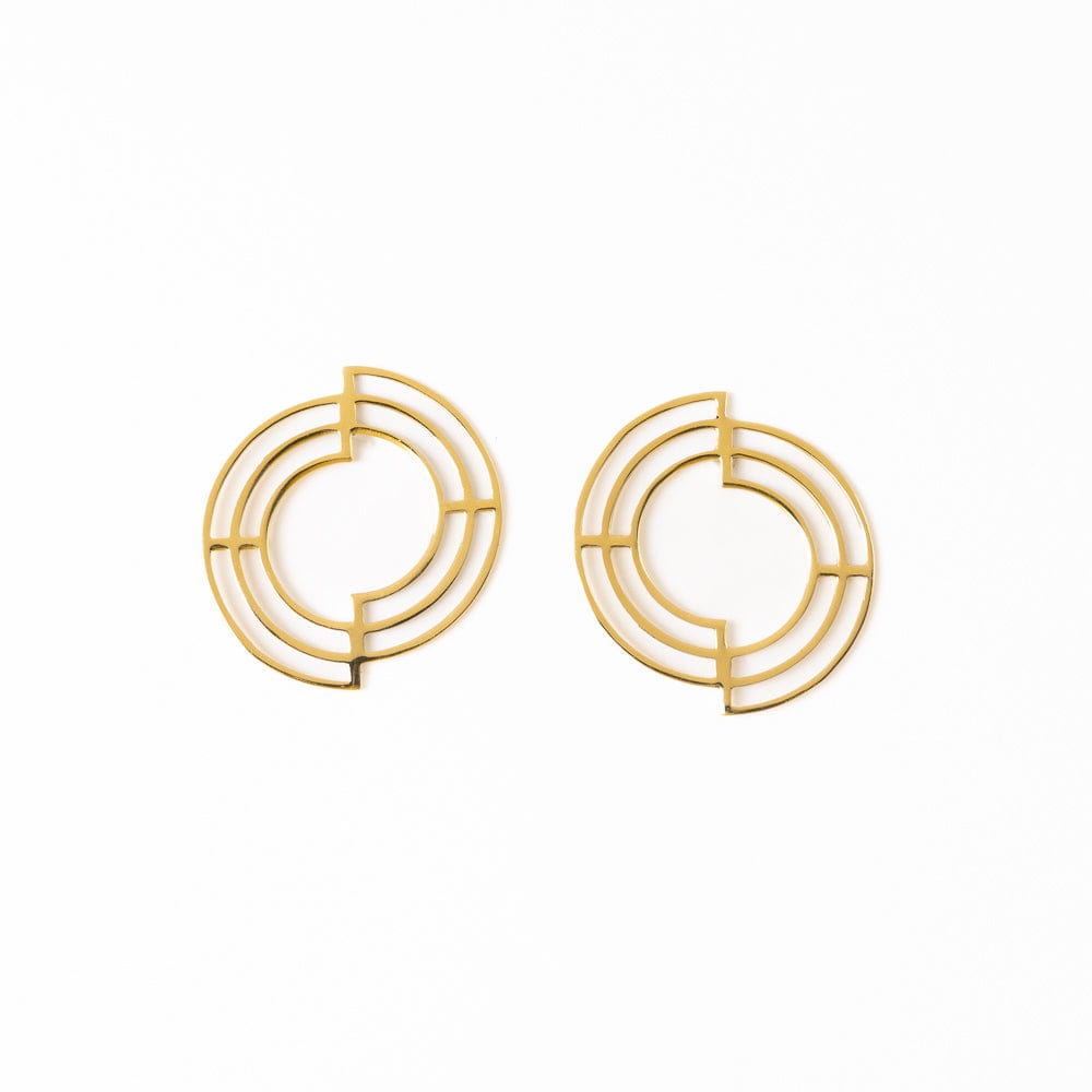 Penny Full Circle with Cut Outs Abstract Post Earrings Brass Drop