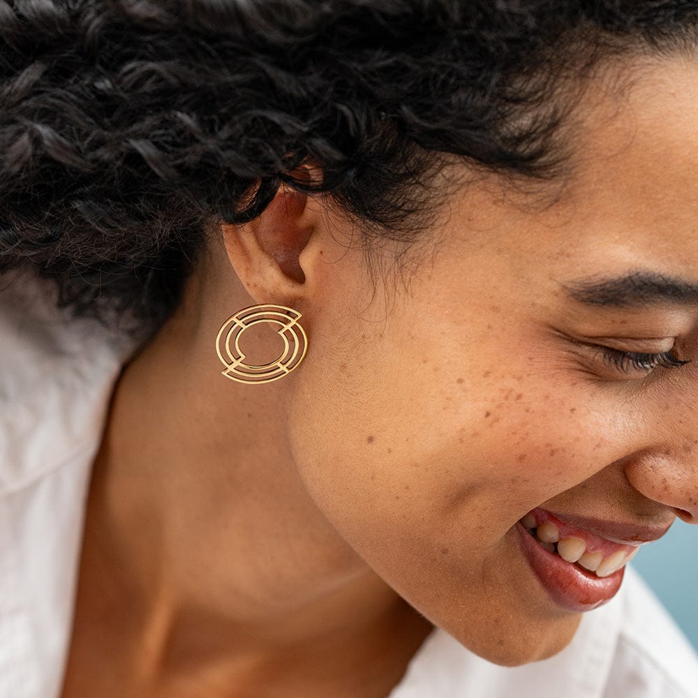 Penny Full Circle with Cut Outs Abstract Post Earrings Brass Drop