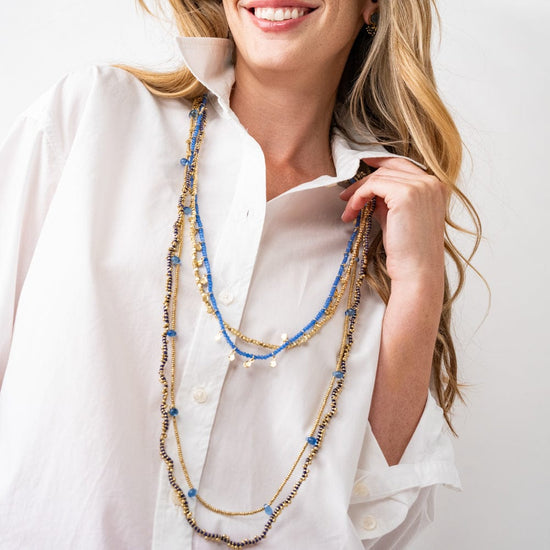 Portia Brass Necklace With Glass Beads Blue Single Strand