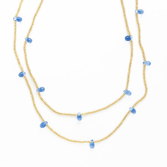 Portia Brass Necklace With Glass Beads Blue Single Strand