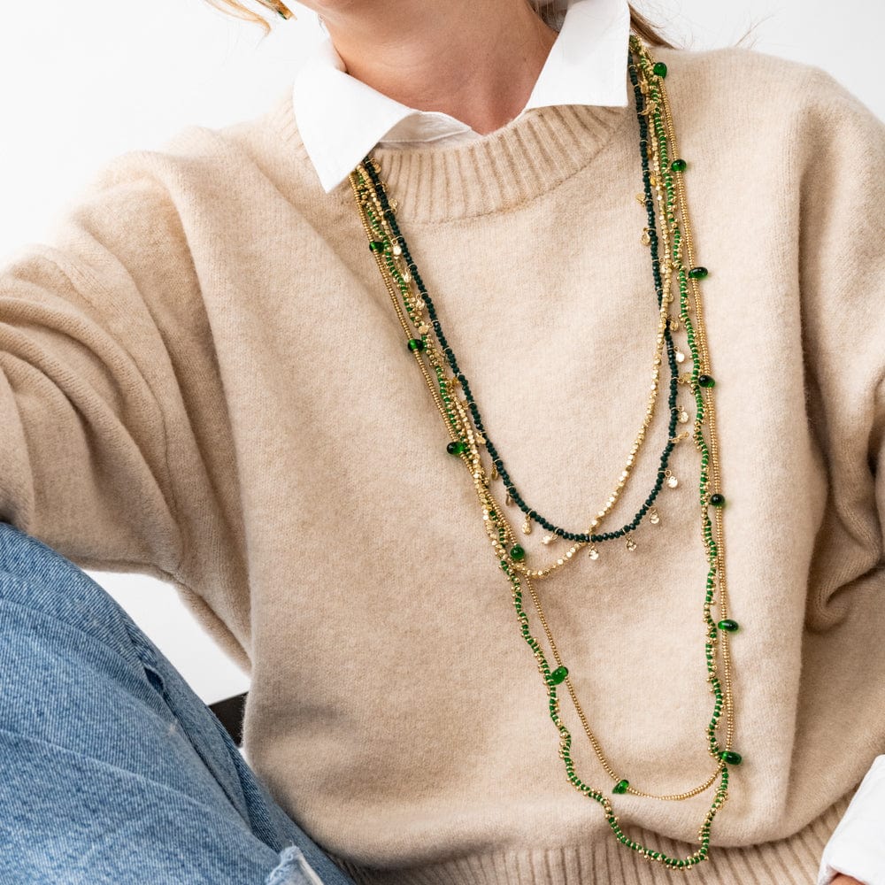 Portia Brass Necklace With Glass Beads Green Single Strand