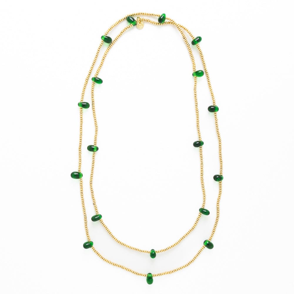 Portia Brass Necklace With Glass Beads Green Single Strand