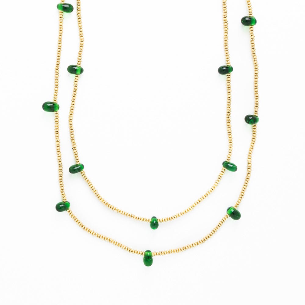 Portia Brass Necklace With Glass Beads Green Single Strand