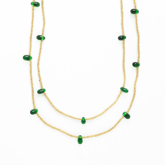 Portia Brass Necklace With Glass Beads Green Single Strand