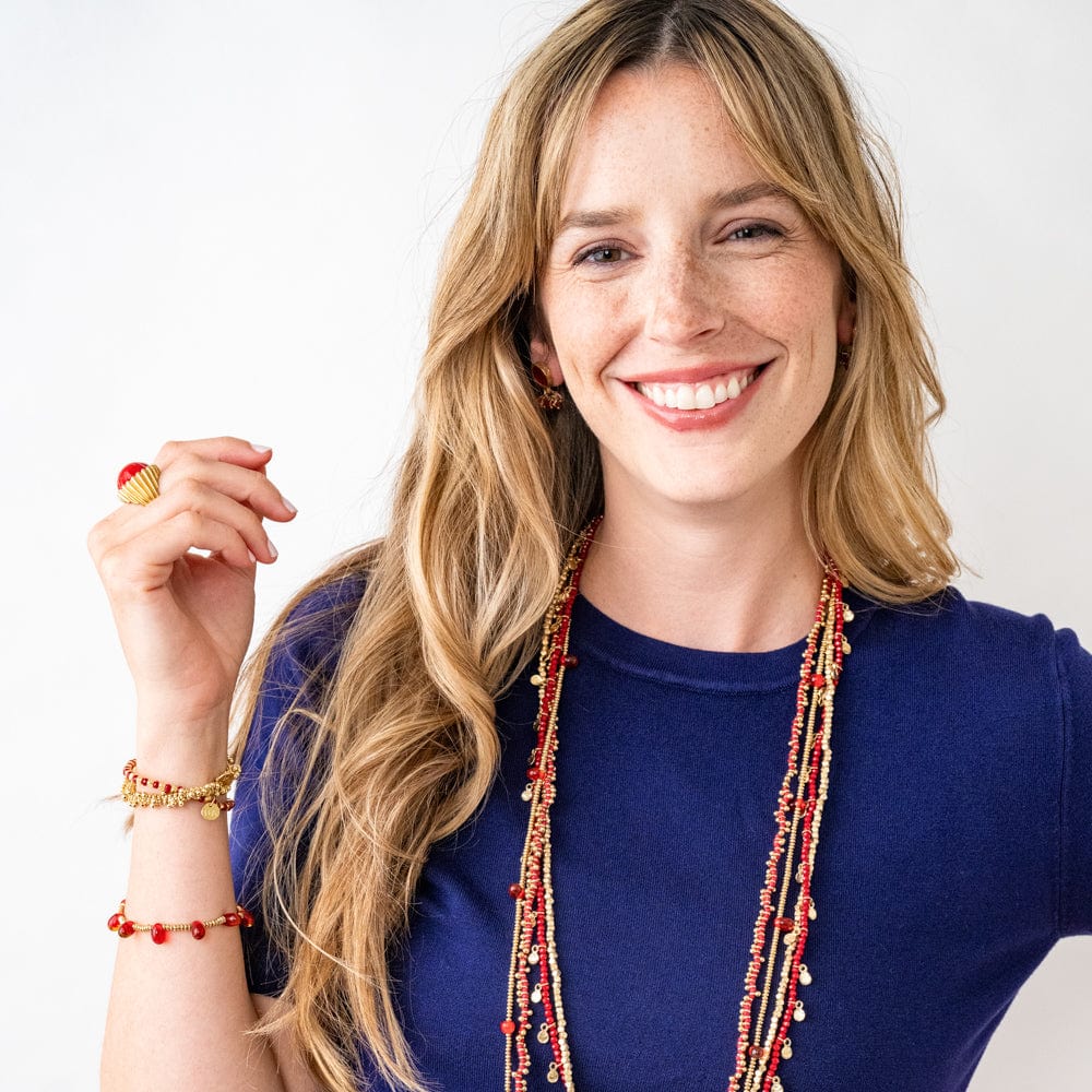 Portia Brass Necklace With Glass Beads Red Single Strand