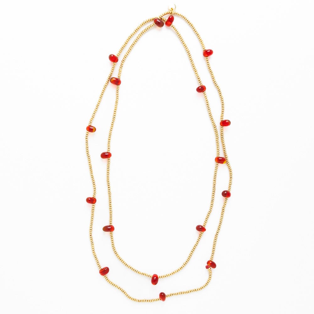 Portia Brass Necklace With Glass Beads Red Single Strand