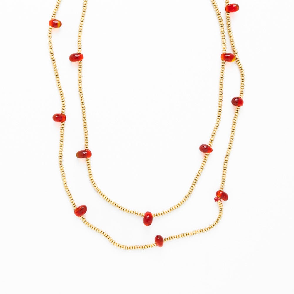 Portia Brass Necklace With Glass Beads Red Single Strand