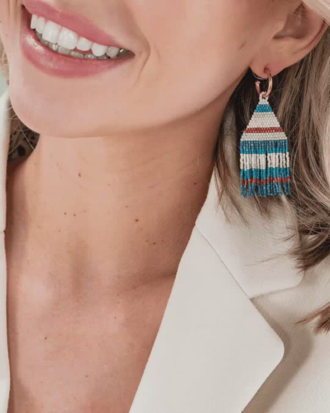 Load and play video in Gallery viewer, James Mini Gold Hoop Mixed Horizontal Stripes Beaded Fringe Earrings Teal
