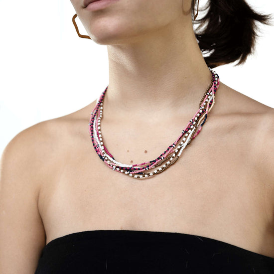 Quinn Stripe and Color Block Beaded Necklace Hot Pink and Navy Necklace