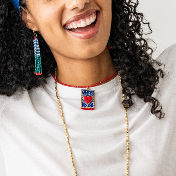 Robin Beaded Necklace With Embroidered Heart Red Pendant