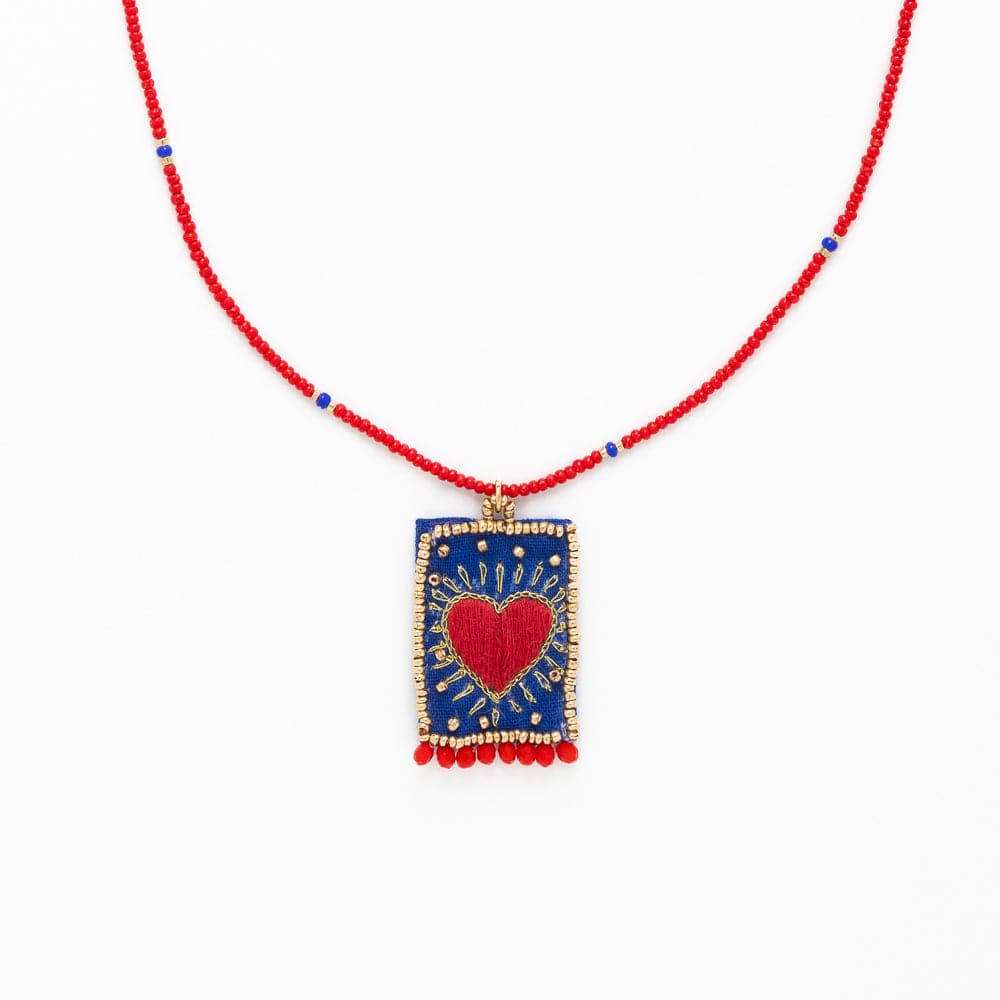 Robin Beaded Necklace With Embroidered Heart Red – INK+ALLOY LLC