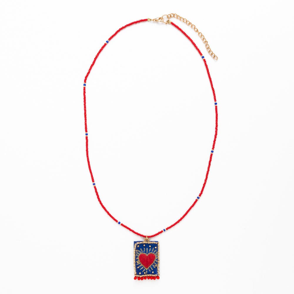 Robin Beaded Necklace With Embroidered Heart Red Pendant