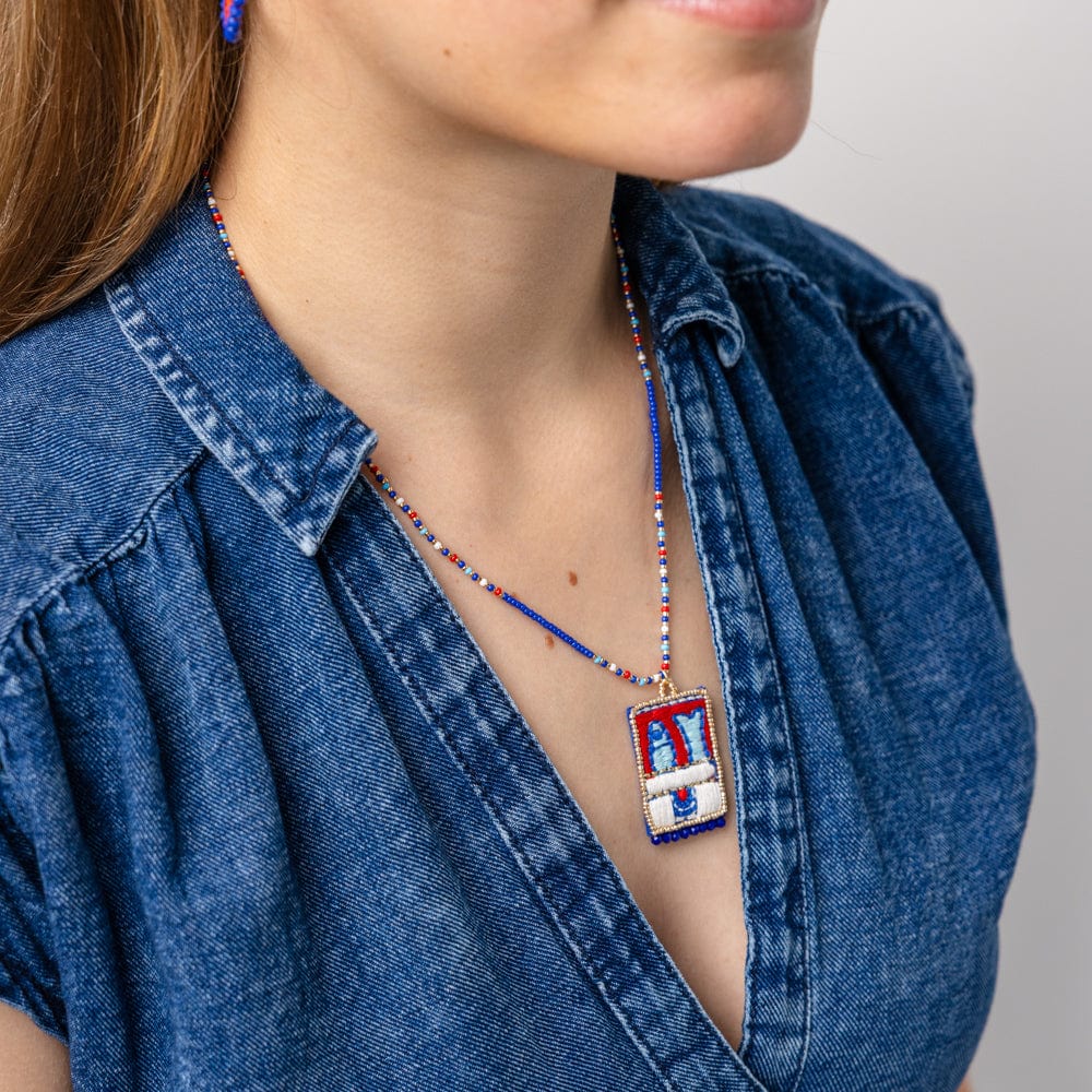 Robin Beaded Necklace With Embroidered Sardine Blue Pendant